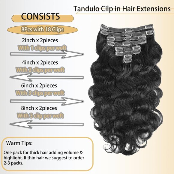 Clip in Hair Extensions Human Hair Wavy 16 Inch Black 8pcs 18 Clips - Picture 5 of 6